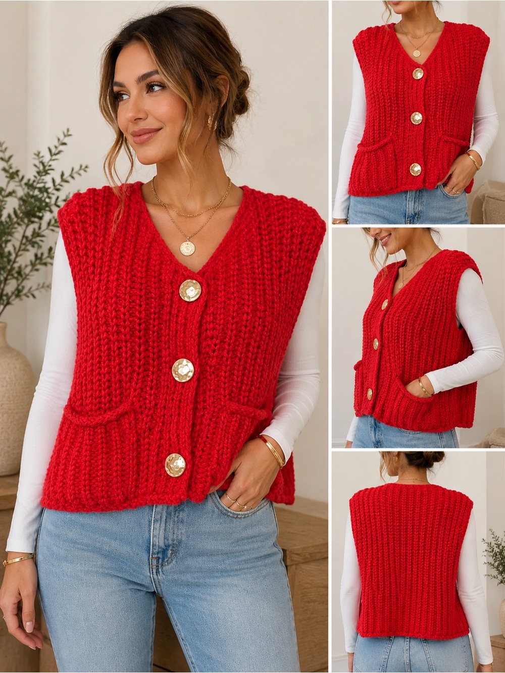 Boutique Chunky Knit Sweater Vest Cardigan Red Gold Buttons Size Large